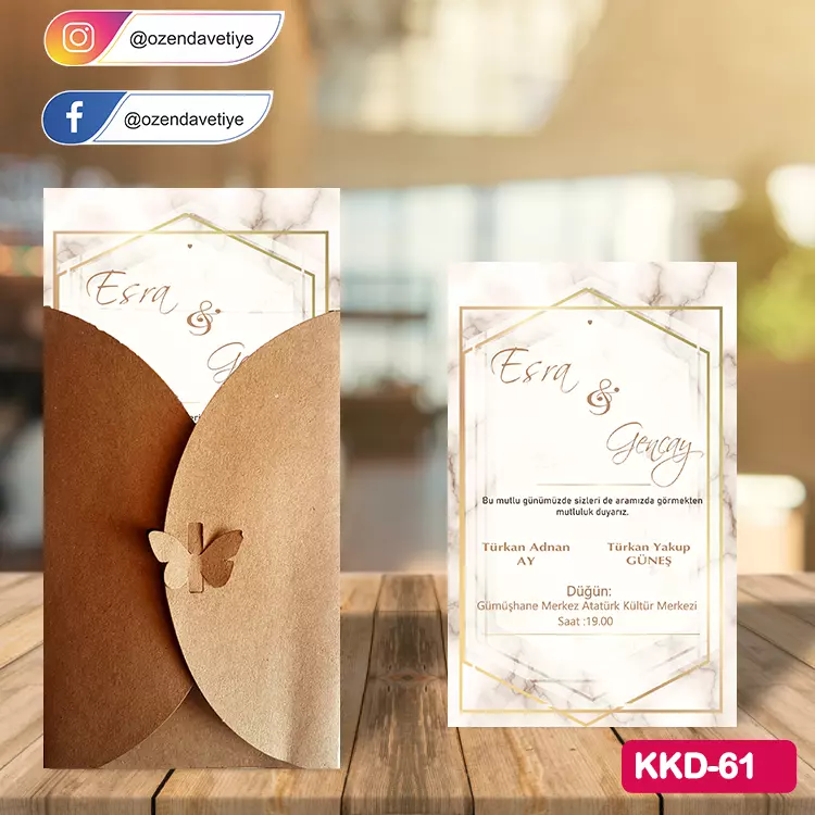 ozen-davetiye-Düğün Davetiyesi - Kelebekli Kraft Zarflı Davetiye Model No:61